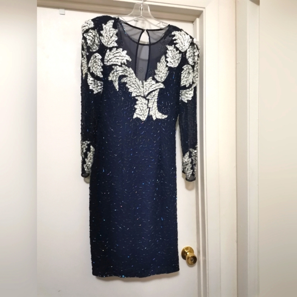 SCALA Vintage  Sequin Beaded Navy Blue Gown, size small